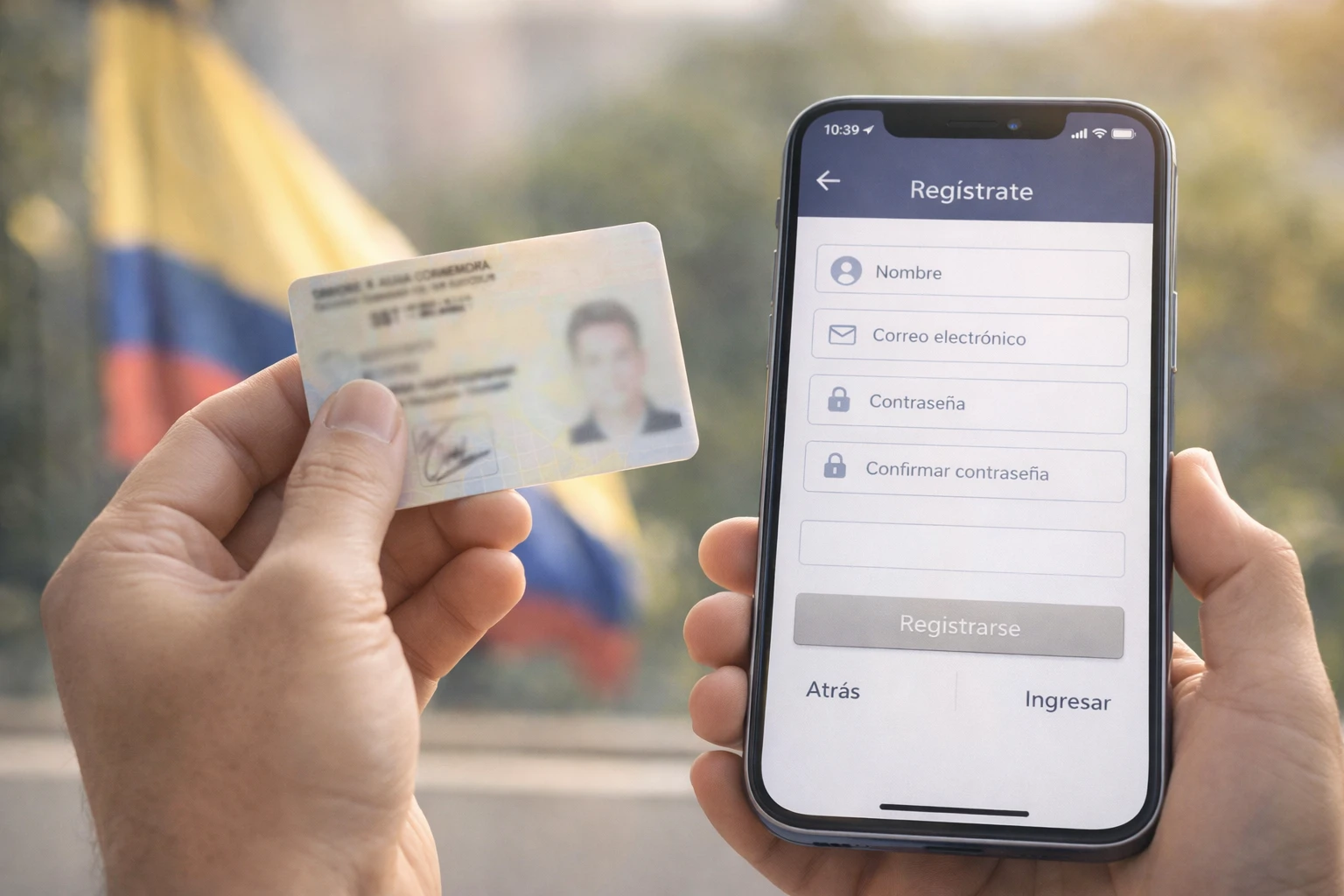 Registro en móvil para Colombia: mano adulta sosteniendo una cédula desenfocada junto a un smartphone con formulario de registro, fondo con bandera de Colombia y luz natural suave, sin marcas ni texto legible.
