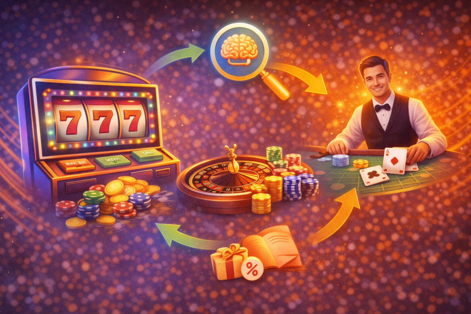 Ilustración del casino online con variedad de juegos: tragaperras, ruleta y mesa en vivo, mostrando navegación clara, ritmo de juego flexible y enfoque en entretenimiento responsable.