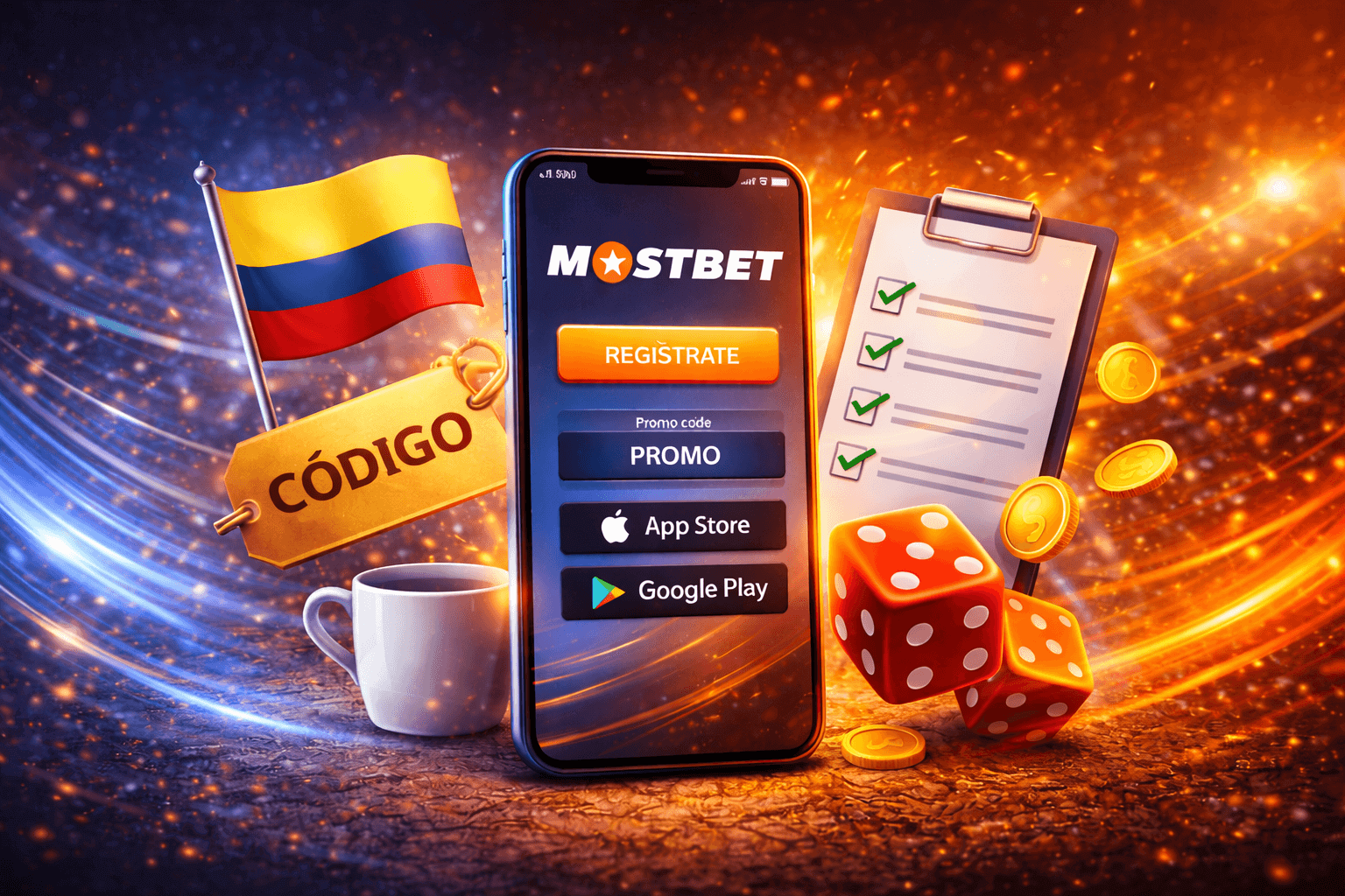 Un teléfono móvil en cuya pantalla se muestran las opciones de registrarse en la aplicación o descargarla a través de Google Play y la App Store, con el fondo de la bandera colombiana en hermosos colores cálidos, junto con los dados para jugar