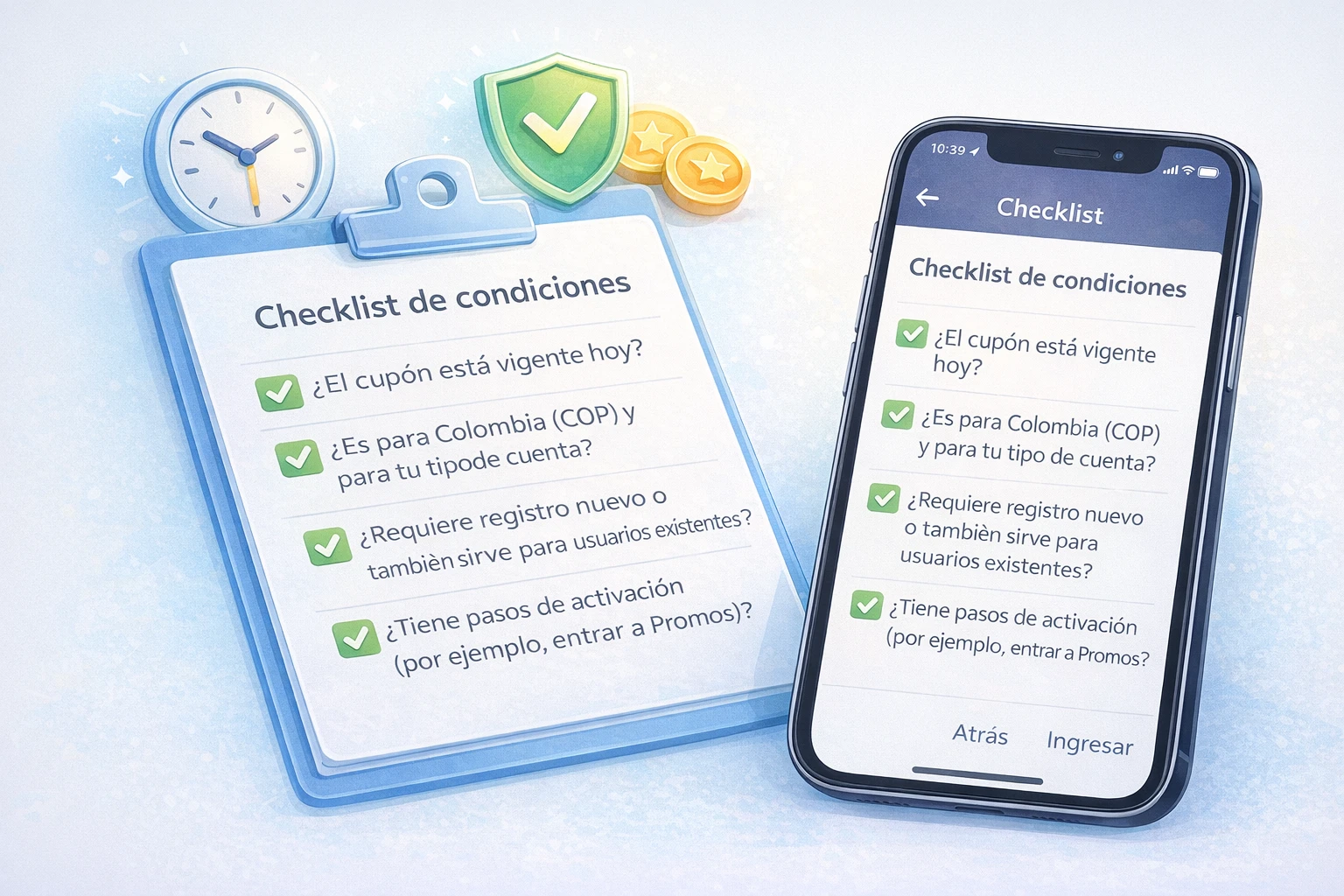 Ilustración informativa con checklist de condiciones junto a un smartphone: vigencia del cupón, elegibilidad para Colombia (COP), tipo de cuenta y pasos de activación, con iconos de reloj, escudo y documento.