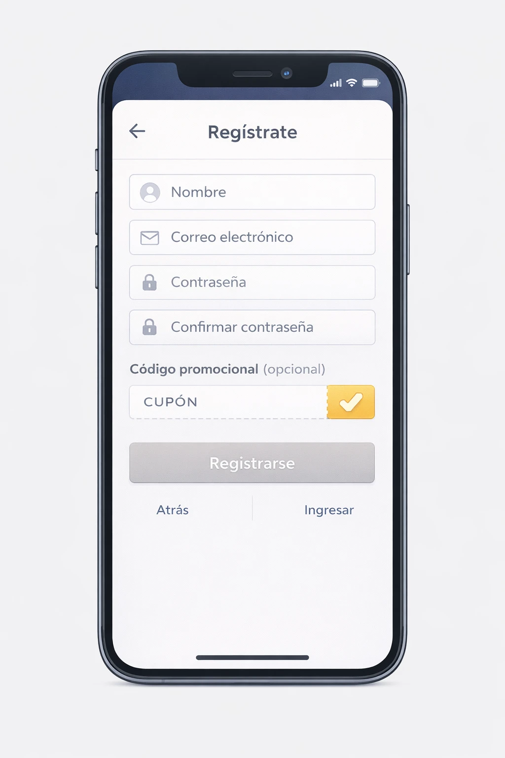 Pantalla de registro en móvil con formulario y campo opcional de código promocional, diseño UI/UX minimalista, botones neutros y tipografía legible, sin marcas.