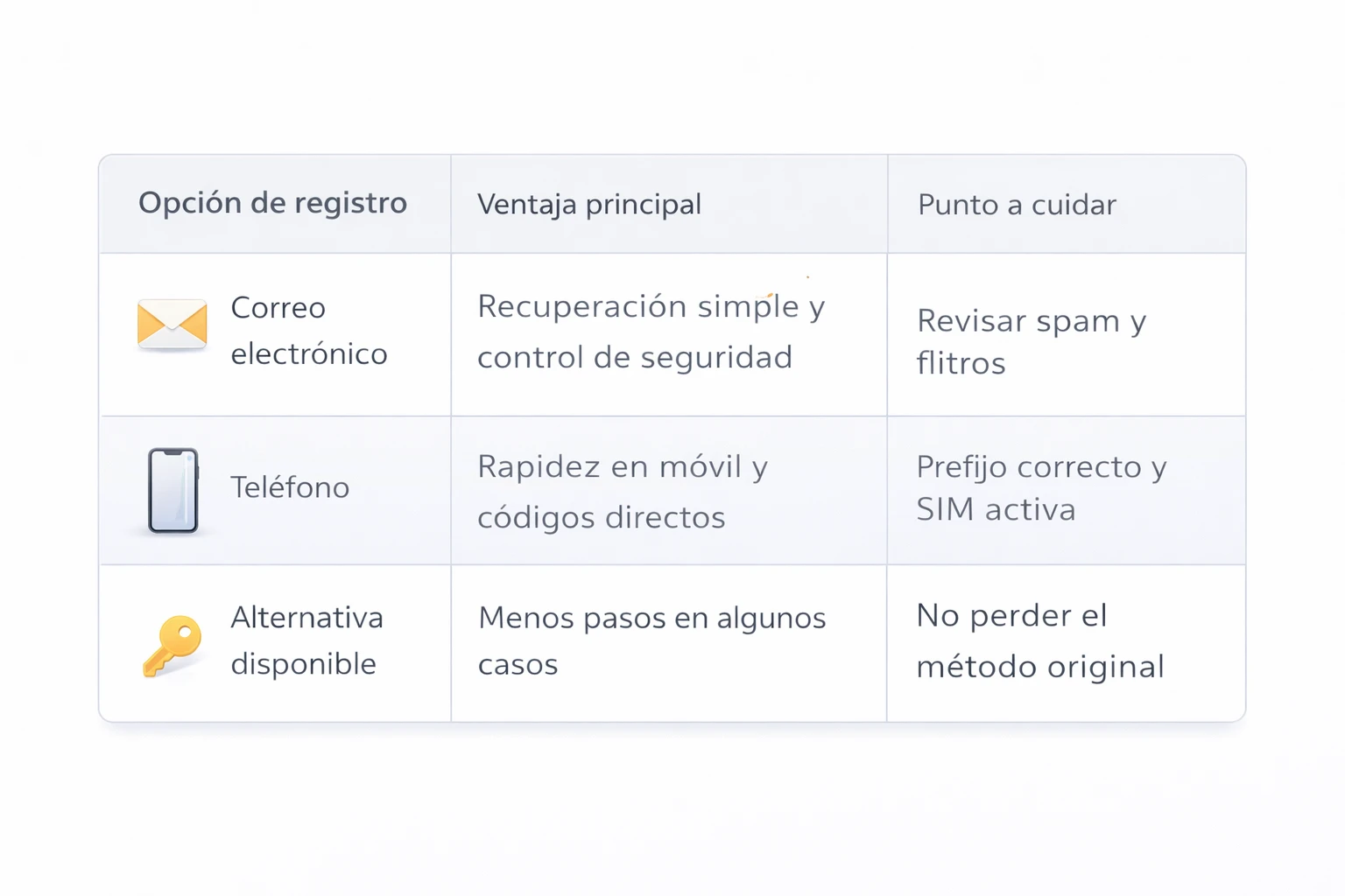 Tabla comparativa de métodos de registro en Colombia con iconos: correo electrónico, teléfono y alternativa disponible, mostrando ventajas principales y puntos a cuidar para un acceso estable y seguro.