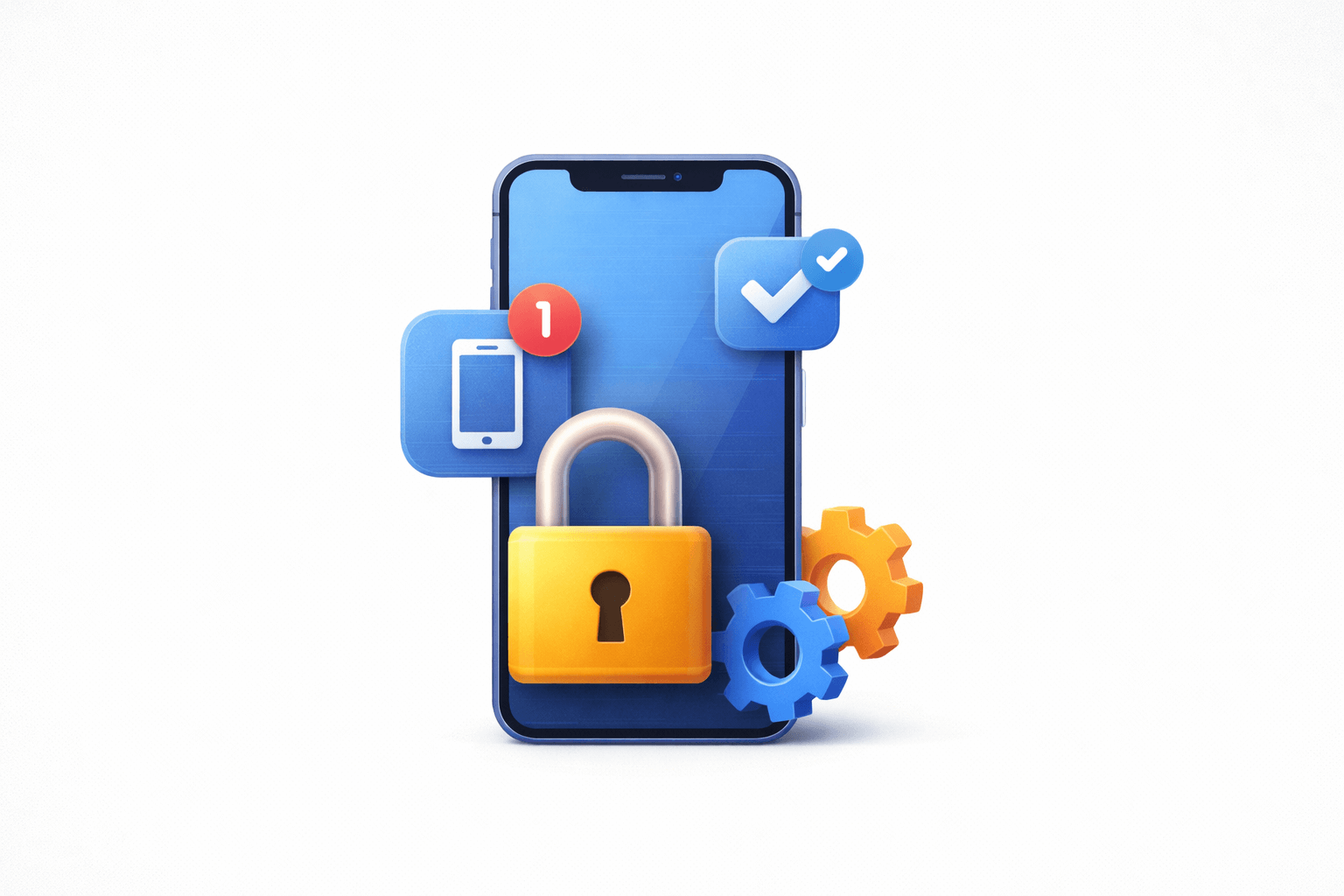 Ilustración de app móvil segura: smartphone con candado, engranajes y notificación, representando permisos, actualizaciones y control de alertas.