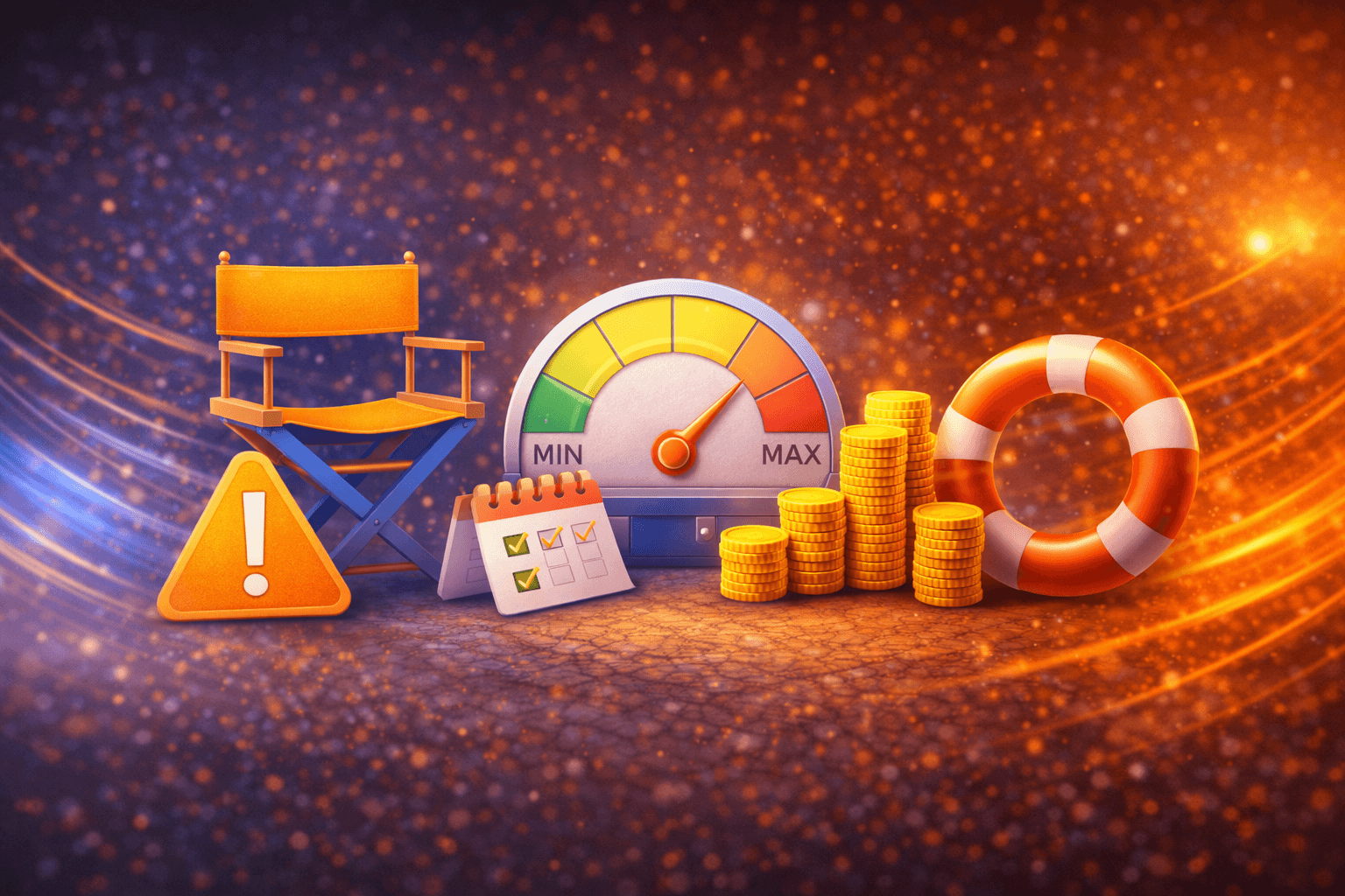 Ilustración de juego responsable: medidor de límites, calendario de pausas y señal de alerta junto a monedas en fondo energético azul y naranja.