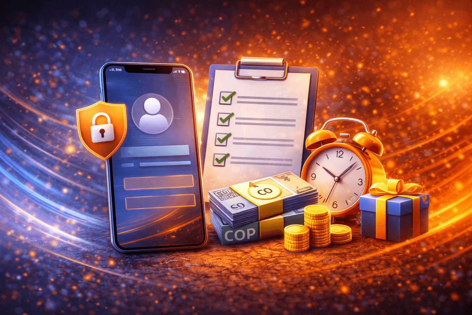 Ilustración para Colombia con smartphone, checklist y candado: primeros pasos, verificación de contacto y preparación antes de operar en móvil.