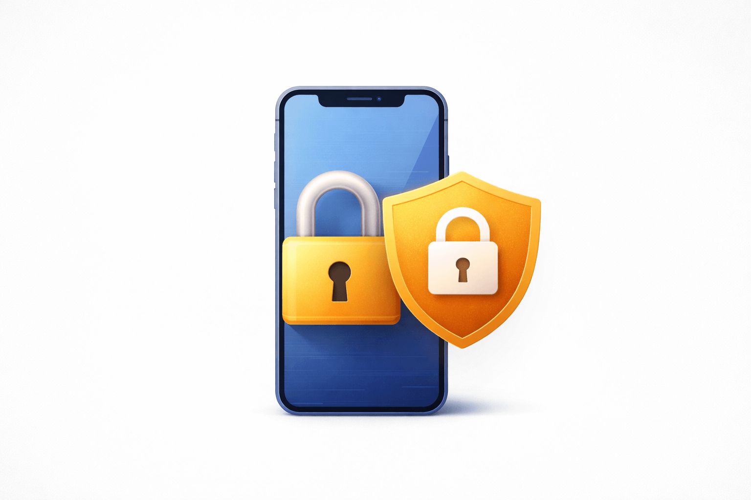 Ilustración minimalista de seguridad digital: teléfono con candado y escudo en fondo blanco, enfocada en privacidad y buenas prácticas.